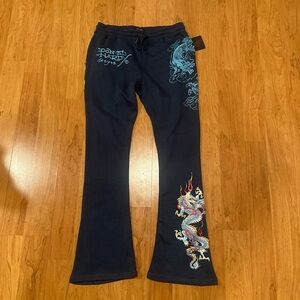 Ed Hardy Black Sweatpants with Blue Dragon Design